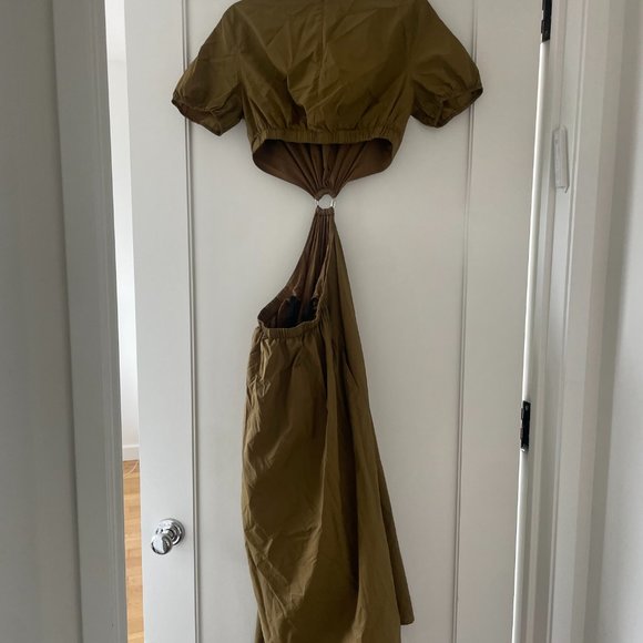 Staud Calypso Cut-out Waist Midi Dress Medium Caper Green Puff Short Sleeve - Picture 11 of 12